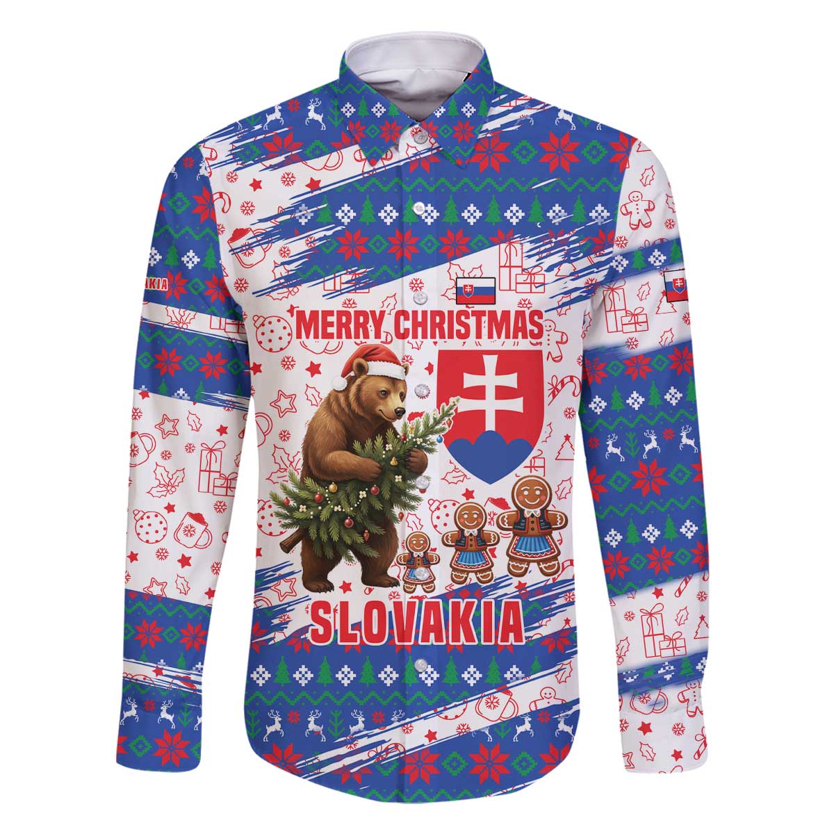 Slovakia Christmas Family Matching Off The Shoulder Long Sleeve Dress and Hawaiian Shirt with Bear Holding Tree Gingerbread Cookies and Red Blue Snowflake Pattern Design - Wonder Print Shop