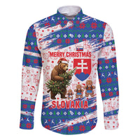 Slovakia Christmas Family Matching Off The Shoulder Long Sleeve Dress and Hawaiian Shirt with Bear Holding Tree Gingerbread Cookies and Red Blue Snowflake Pattern Design - Wonder Print Shop