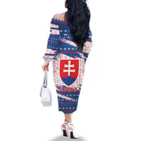 Slovakia Christmas Family Matching Off The Shoulder Long Sleeve Dress and Hawaiian Shirt with Bear Holding Tree Gingerbread Cookies and Red Blue Snowflake Pattern Design - Wonder Print Shop
