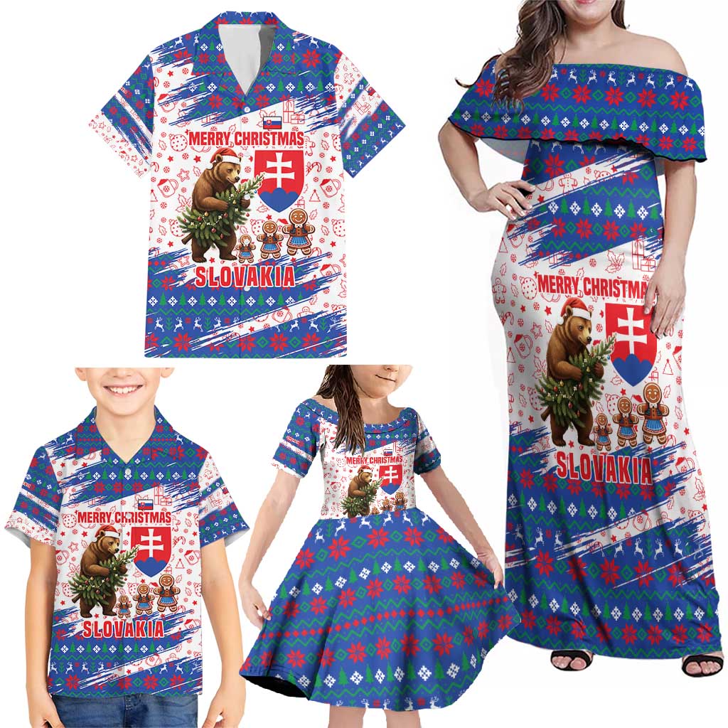 Slovakia Christmas Family Matching Off Shoulder Maxi Dress and Hawaiian Shirt with Bear Holding Tree Gingerbread Cookies and Red Blue Snowflake Pattern Design - Wonder Print Shop