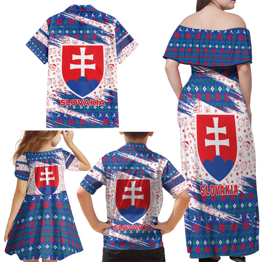 Slovakia Christmas Family Matching Off Shoulder Maxi Dress and Hawaiian Shirt with Bear Holding Tree Gingerbread Cookies and Red Blue Snowflake Pattern Design - Wonder Print Shop