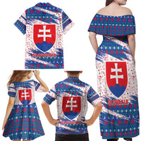 Slovakia Christmas Family Matching Off Shoulder Maxi Dress and Hawaiian Shirt with Bear Holding Tree Gingerbread Cookies and Red Blue Snowflake Pattern Design - Wonder Print Shop