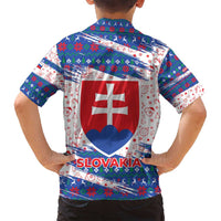 Slovakia Christmas Family Matching Off Shoulder Short Dress and Hawaiian Shirt with Bear Holding Tree Gingerbread Cookies and Red Blue Snowflake Pattern Design - Wonder Print Shop