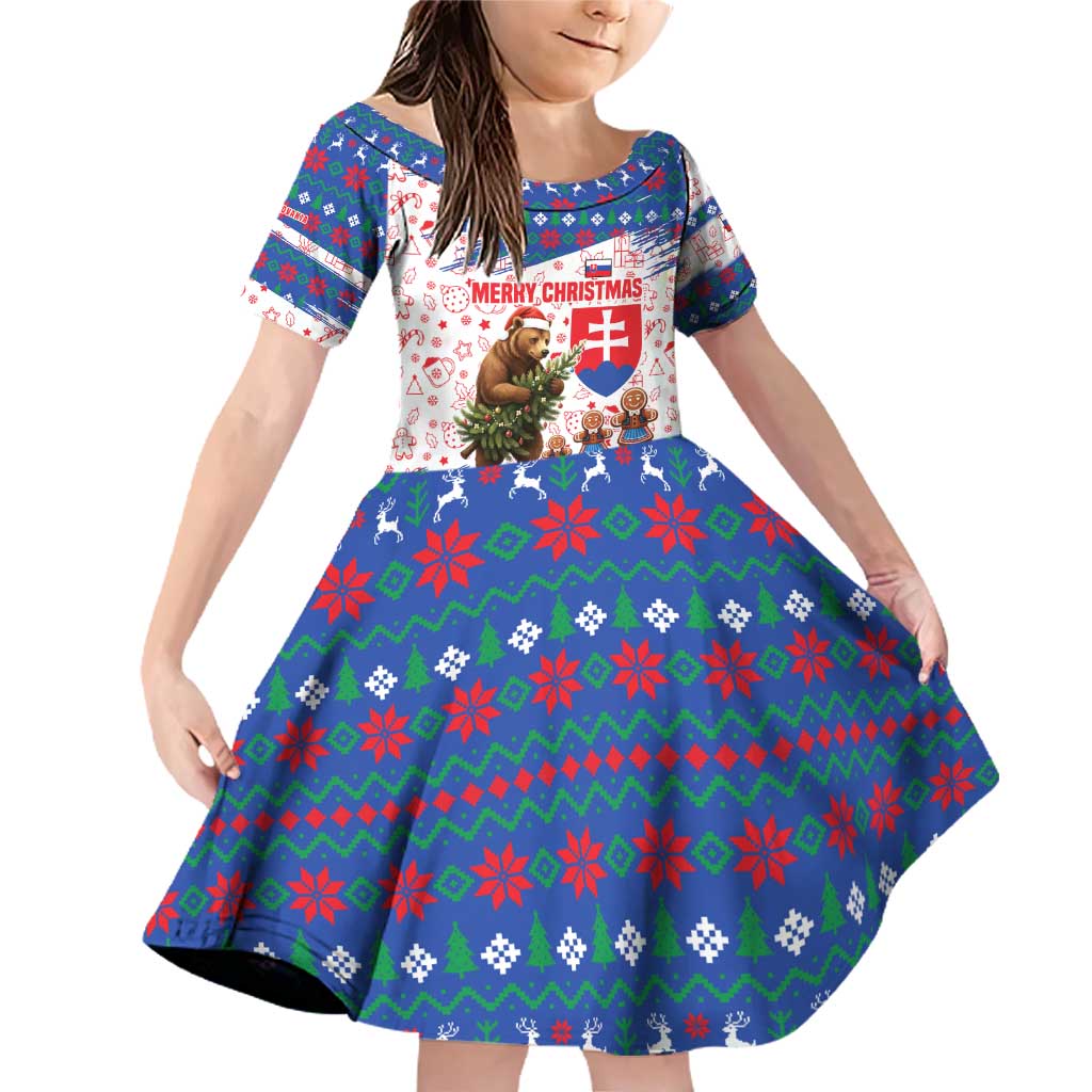Slovakia Christmas Family Matching Off Shoulder Short Dress and Hawaiian Shirt with Bear Holding Tree Gingerbread Cookies and Red Blue Snowflake Pattern Design - Wonder Print Shop