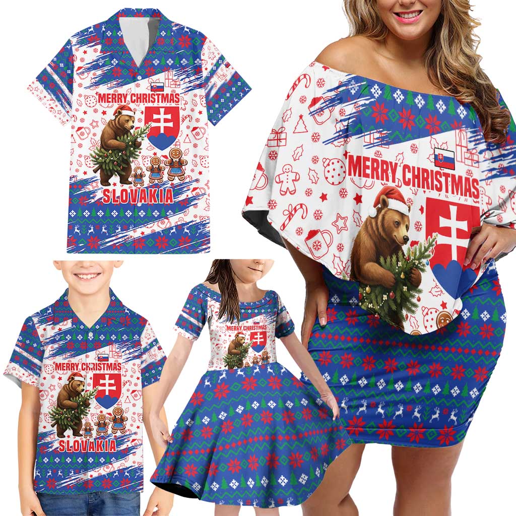 Slovakia Christmas Family Matching Off Shoulder Short Dress and Hawaiian Shirt with Bear Holding Tree Gingerbread Cookies and Red Blue Snowflake Pattern Design - Wonder Print Shop