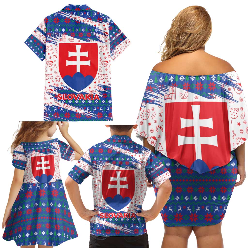 Slovakia Christmas Family Matching Off Shoulder Short Dress and Hawaiian Shirt with Bear Holding Tree Gingerbread Cookies and Red Blue Snowflake Pattern Design - Wonder Print Shop