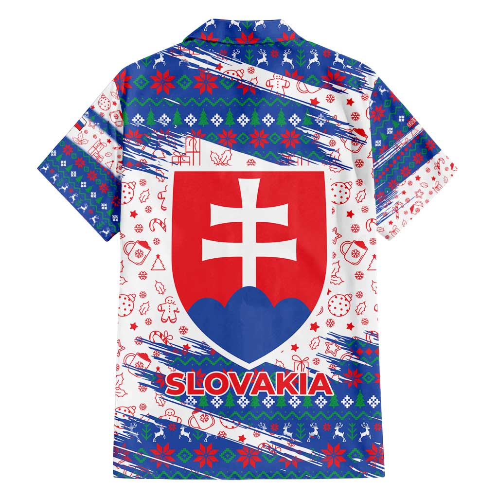 Slovakia Christmas Family Matching Off Shoulder Short Dress and Hawaiian Shirt with Bear Holding Tree Gingerbread Cookies and Red Blue Snowflake Pattern Design - Wonder Print Shop