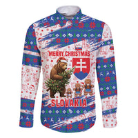 Slovakia Christmas Family Matching Off Shoulder Short Dress and Hawaiian Shirt with Bear Holding Tree Gingerbread Cookies and Red Blue Snowflake Pattern Design - Wonder Print Shop