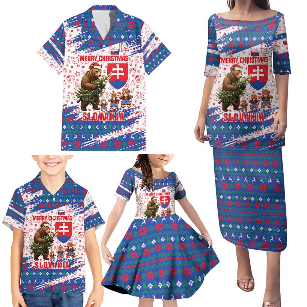 Slovakia Christmas Family Matching Puletasi and Hawaiian Shirt with Bear Holding Tree Gingerbread Cookies and Red Blue Snowflake Pattern Design - Wonder Print Shop
