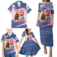 Slovakia Christmas Family Matching Puletasi and Hawaiian Shirt with Bear Holding Tree Gingerbread Cookies and Red Blue Snowflake Pattern Design - Wonder Print Shop