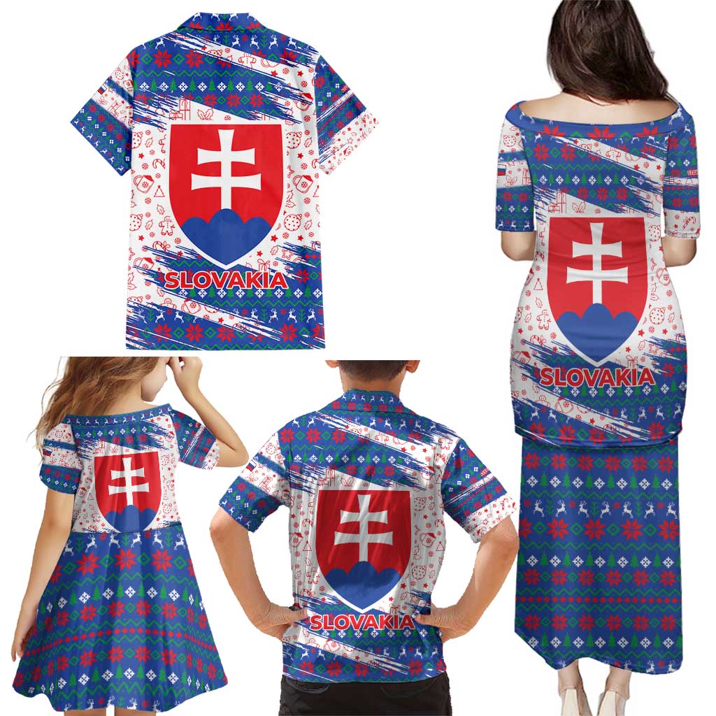 Slovakia Christmas Family Matching Puletasi and Hawaiian Shirt with Bear Holding Tree Gingerbread Cookies and Red Blue Snowflake Pattern Design - Wonder Print Shop