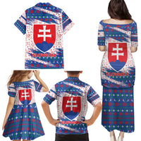 Slovakia Christmas Family Matching Puletasi and Hawaiian Shirt with Bear Holding Tree Gingerbread Cookies and Red Blue Snowflake Pattern Design - Wonder Print Shop