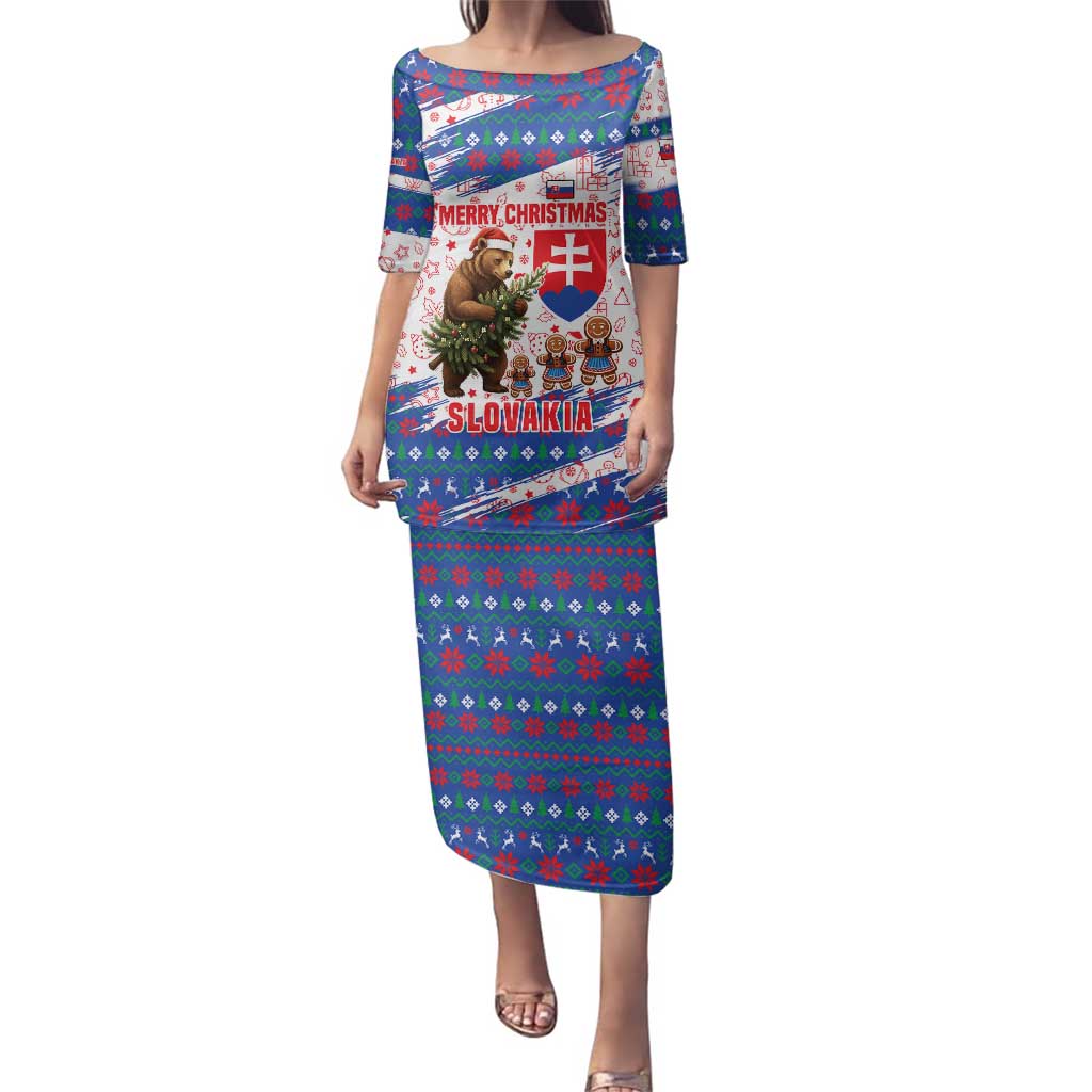 Slovakia Christmas Family Matching Puletasi and Hawaiian Shirt with Bear Holding Tree Gingerbread Cookies and Red Blue Snowflake Pattern Design - Wonder Print Shop