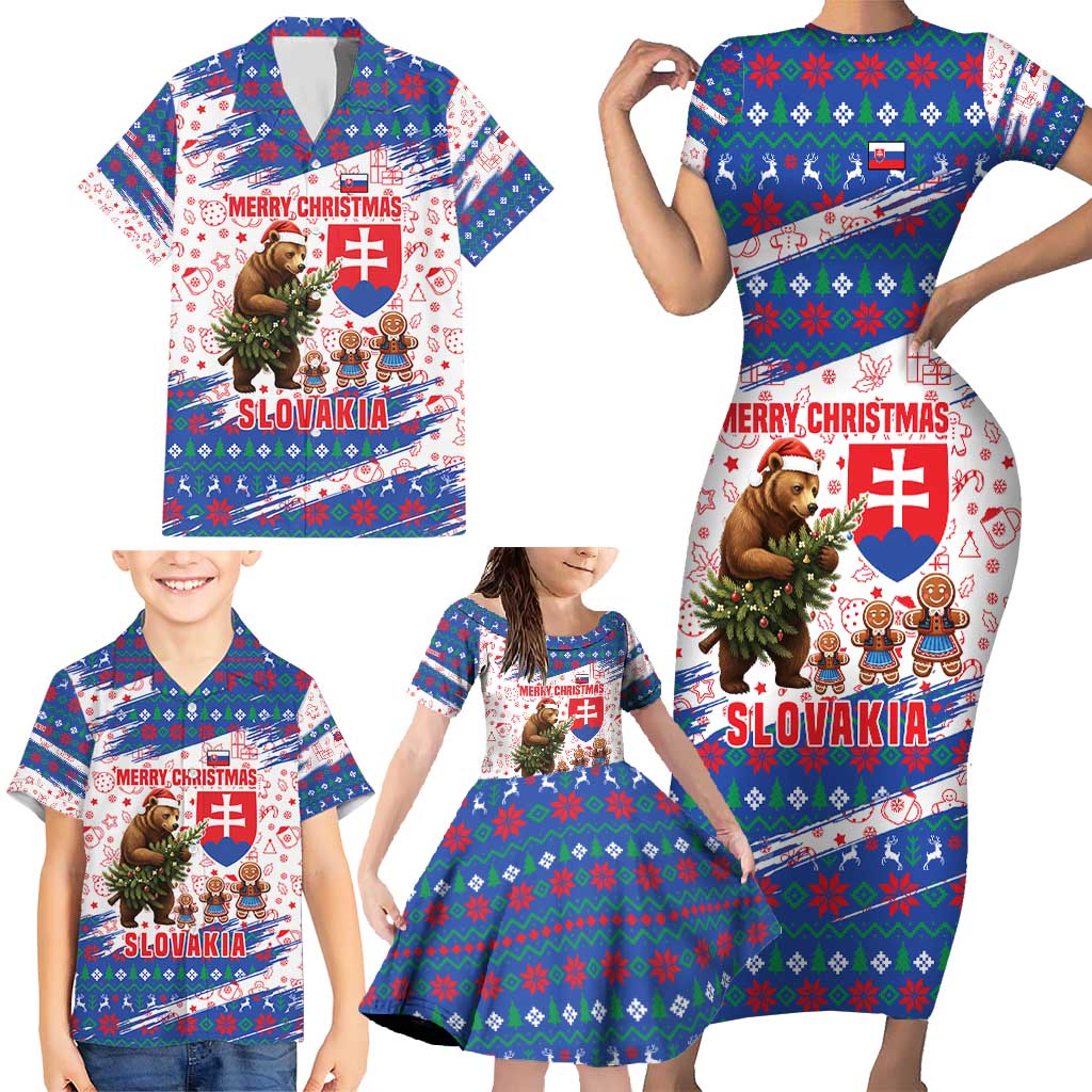 Slovakia Christmas Family Matching Short Sleeve Bodycon Dress and Hawaiian Shirt with Bear Holding Tree Gingerbread Cookies and Red Blue Snowflake Pattern Design - Wonder Print Shop