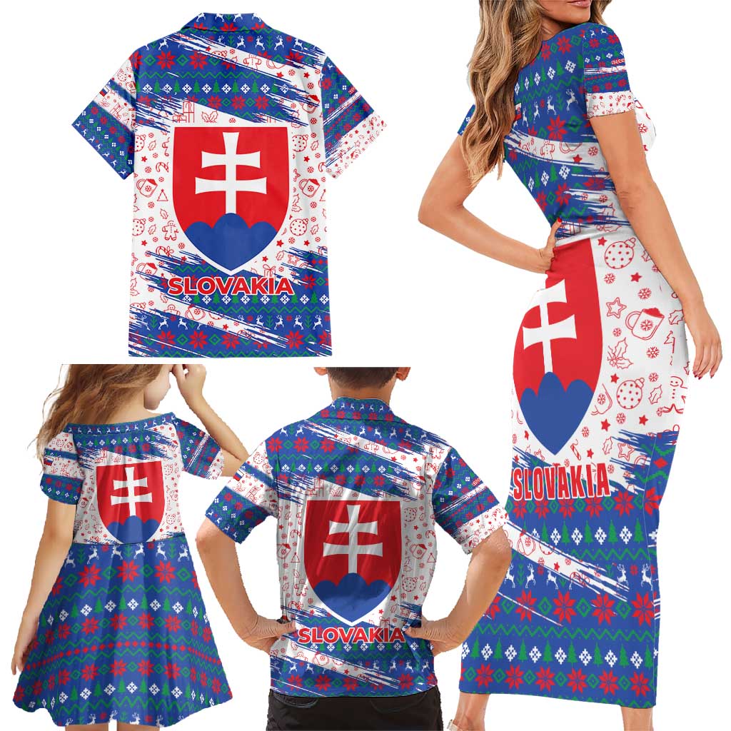 Slovakia Christmas Family Matching Short Sleeve Bodycon Dress and Hawaiian Shirt with Bear Holding Tree Gingerbread Cookies and Red Blue Snowflake Pattern Design - Wonder Print Shop