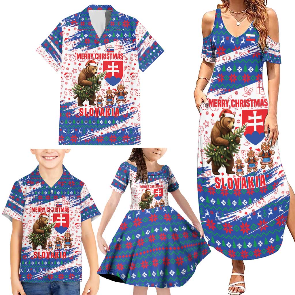 Slovakia Christmas Family Matching Summer Maxi Dress and Hawaiian Shirt with Bear Holding Tree Gingerbread Cookies and Red Blue Snowflake Pattern Design - Wonder Print Shop
