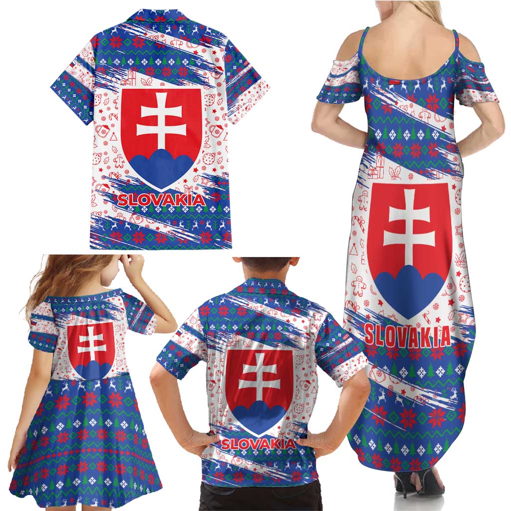 Slovakia Christmas Family Matching Summer Maxi Dress and Hawaiian Shirt with Bear Holding Tree Gingerbread Cookies and Red Blue Snowflake Pattern Design - Wonder Print Shop