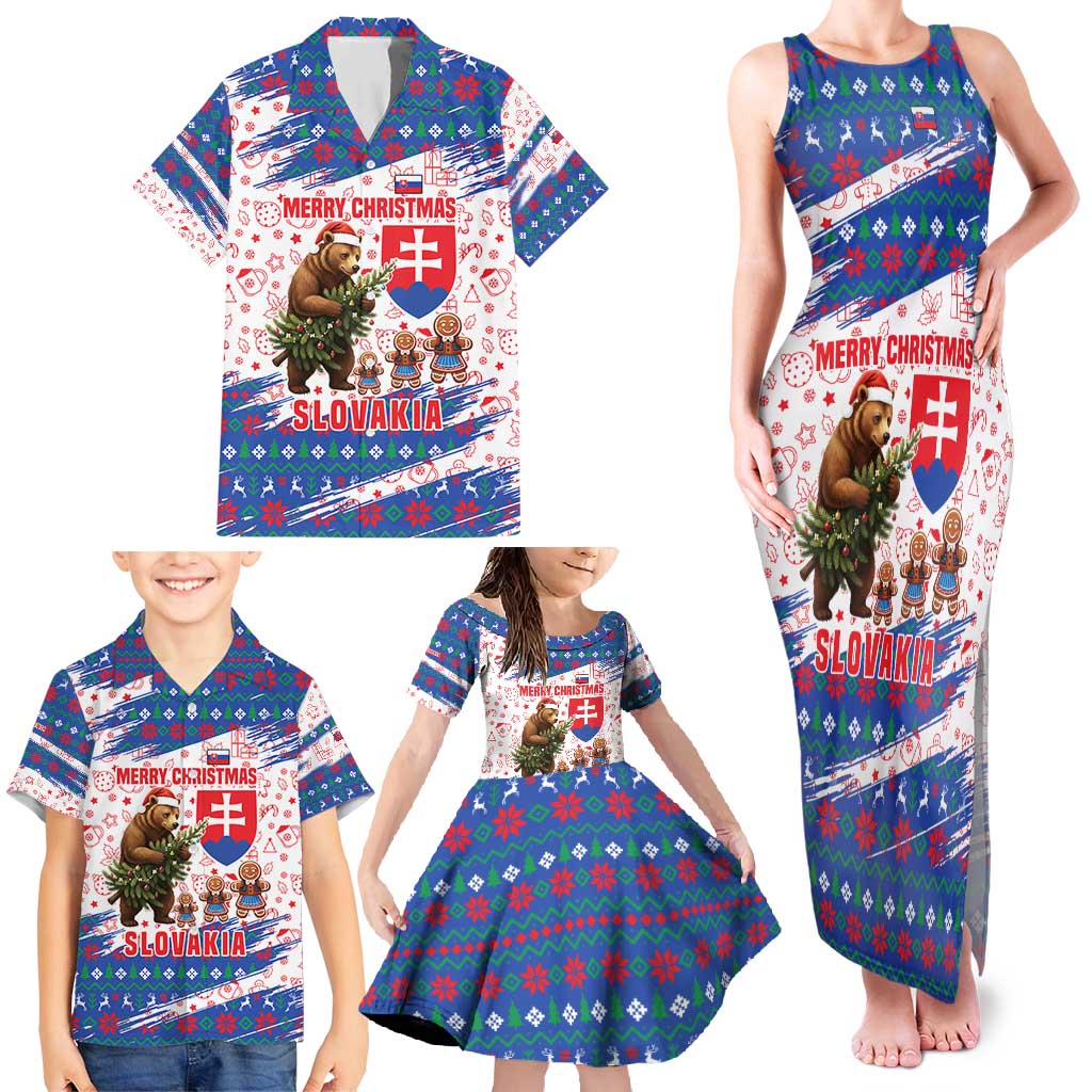 Slovakia Christmas Family Matching Tank Maxi Dress and Hawaiian Shirt with Bear Holding Tree Gingerbread Cookies and Red Blue Snowflake Pattern Design - Wonder Print Shop