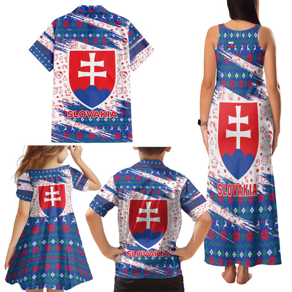 Slovakia Christmas Family Matching Tank Maxi Dress and Hawaiian Shirt with Bear Holding Tree Gingerbread Cookies and Red Blue Snowflake Pattern Design - Wonder Print Shop