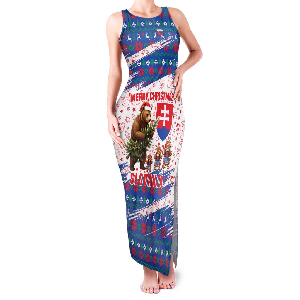 Slovakia Christmas Family Matching Tank Maxi Dress and Hawaiian Shirt with Bear Holding Tree Gingerbread Cookies and Red Blue Snowflake Pattern Design - Wonder Print Shop