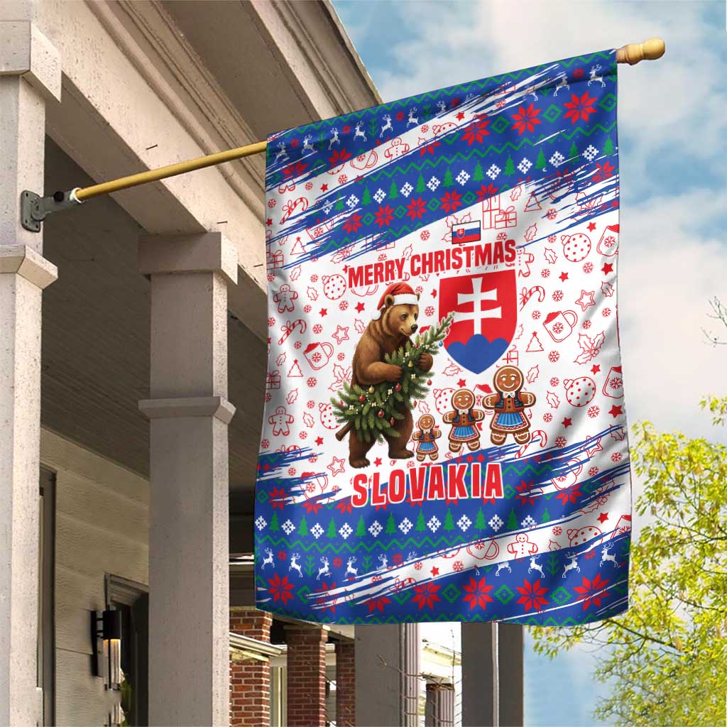 Slovakia Christmas Garden Flag with Bear Holding Tree Gingerbread Cookies and Red Blue Snowflake Pattern Design - Wonder Print Shop