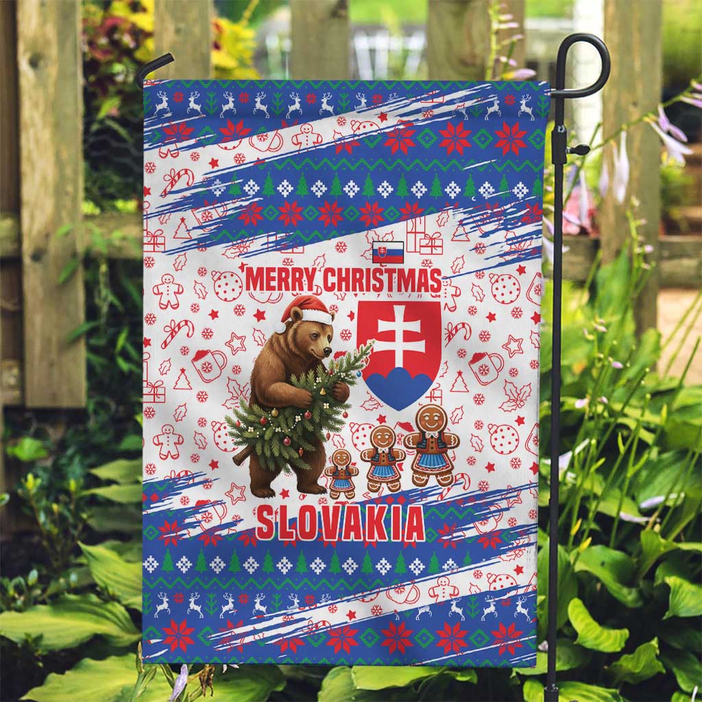 Slovakia Christmas Garden Flag with Bear Holding Tree Gingerbread Cookies and Red Blue Snowflake Pattern Design - Wonder Print Shop