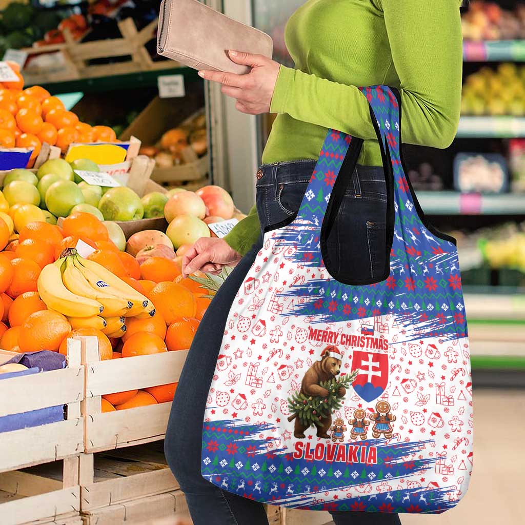 Slovakia Christmas Grocery Bag with Bear Holding Tree Gingerbread Cookies and Red Blue Snowflake Pattern Design - Wonder Print Shop
