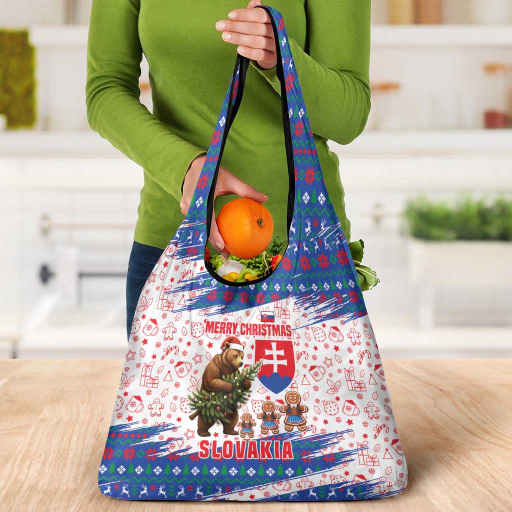 Slovakia Christmas Grocery Bag with Bear Holding Tree Gingerbread Cookies and Red Blue Snowflake Pattern Design - Wonder Print Shop