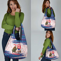 Slovakia Christmas Grocery Bag with Bear Holding Tree Gingerbread Cookies and Red Blue Snowflake Pattern Design - Wonder Print Shop