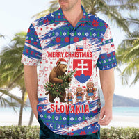 Slovakia Christmas Hawaiian Shirt with Bear Holding Tree Gingerbread Cookies and Red Blue Snowflake Pattern Design - Wonder Print Shop