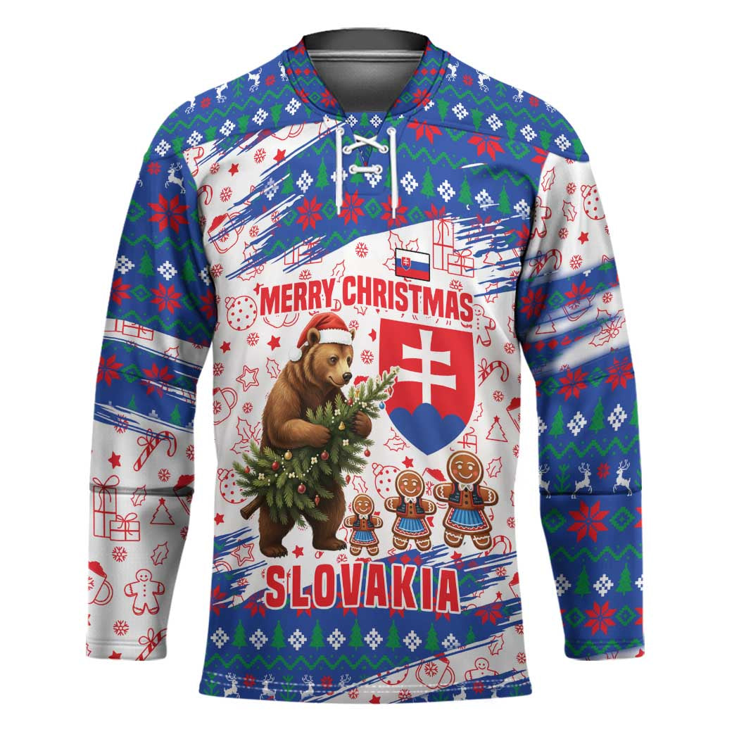 Slovakia Christmas Hockey Jersey with Bear Holding Tree Gingerbread Cookies and Red Blue Snowflake Pattern Design - Wonder Print Shop