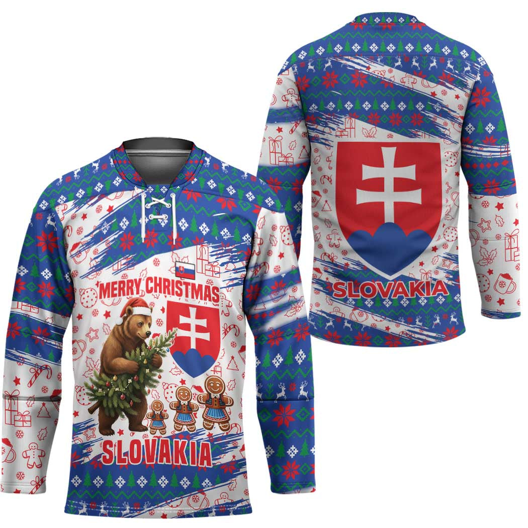 Slovakia Christmas Hockey Jersey with Bear Holding Tree Gingerbread Cookies and Red Blue Snowflake Pattern Design - Wonder Print Shop