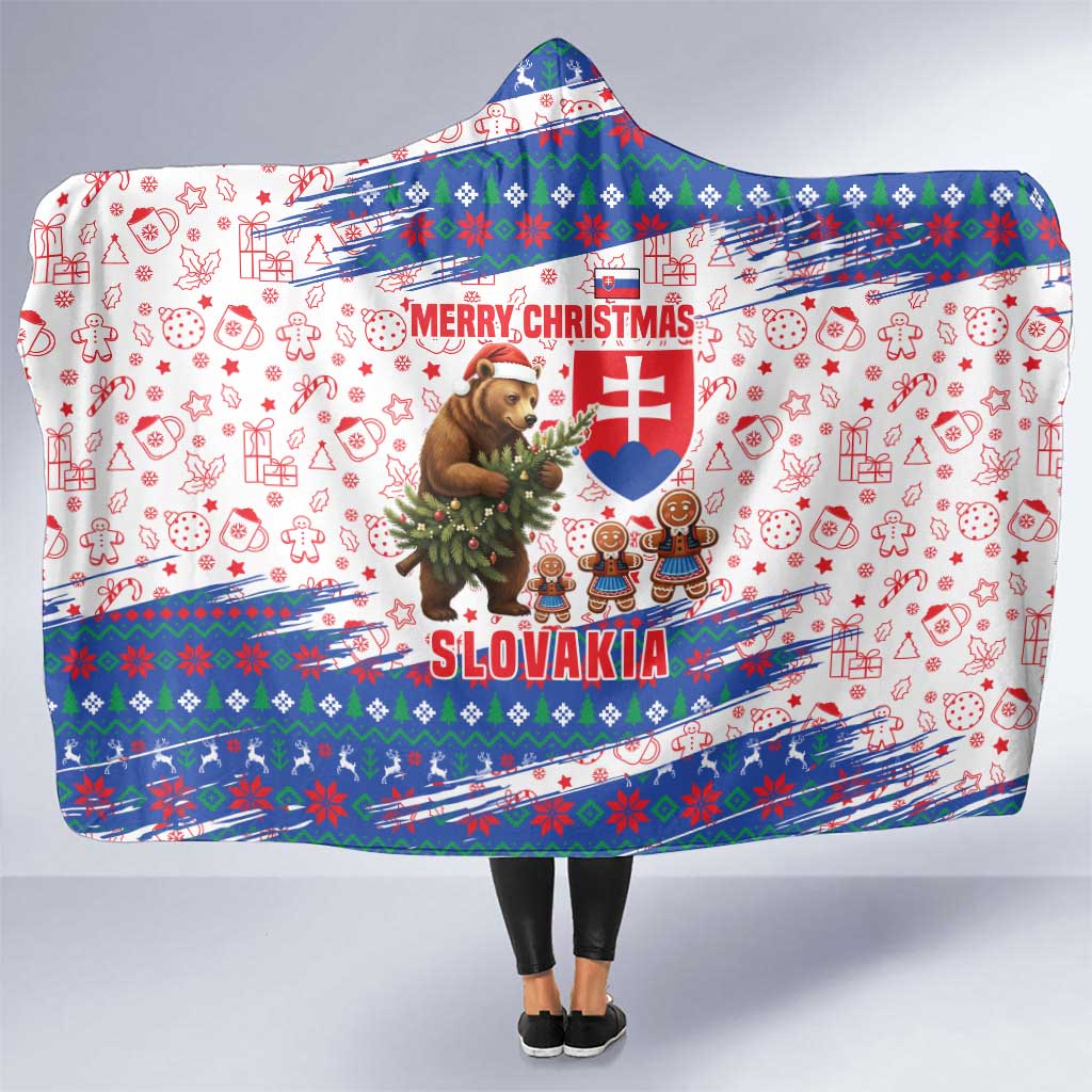 Slovakia Christmas Hooded Blanket with Bear Holding Tree Gingerbread Cookies and Red Blue Snowflake Pattern Design - Wonder Print Shop