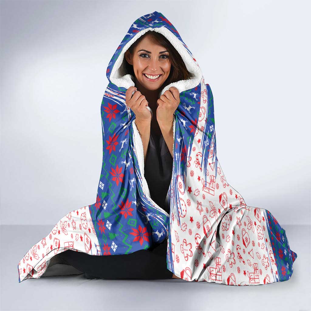 Slovakia Christmas Hooded Blanket with Bear Holding Tree Gingerbread Cookies and Red Blue Snowflake Pattern Design - Wonder Print Shop