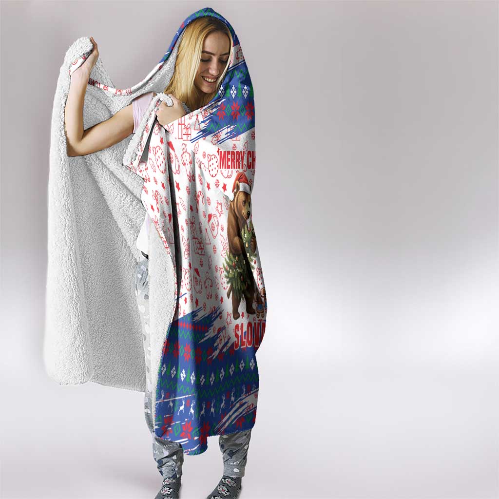 Slovakia Christmas Hooded Blanket with Bear Holding Tree Gingerbread Cookies and Red Blue Snowflake Pattern Design - Wonder Print Shop