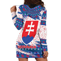 Slovakia Christmas Hoodie Dress with Bear Holding Tree Gingerbread Cookies and Red Blue Snowflake Pattern Design - Wonder Print Shop