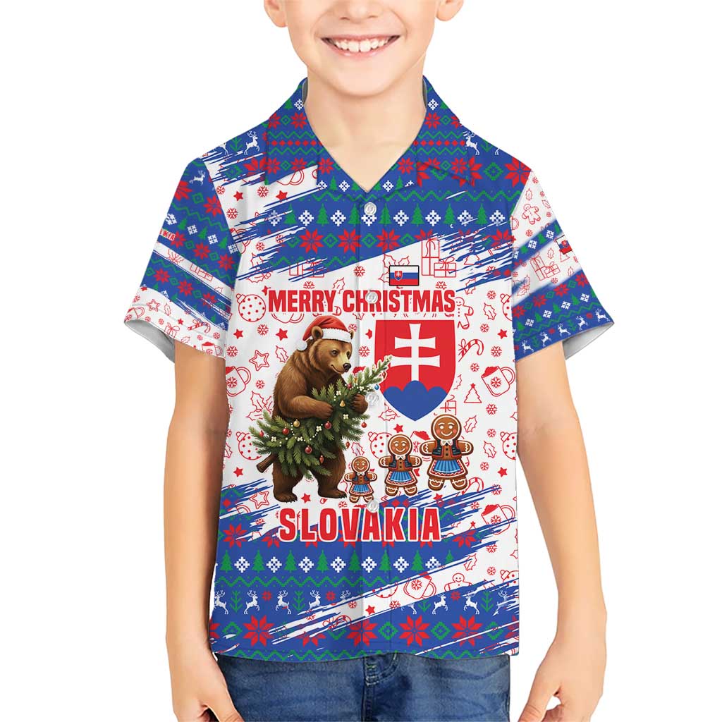 Slovakia Christmas Kid Hawaiian Shirt with Bear Holding Tree Gingerbread Cookies and Red Blue Snowflake Pattern Design - Wonder Print Shop