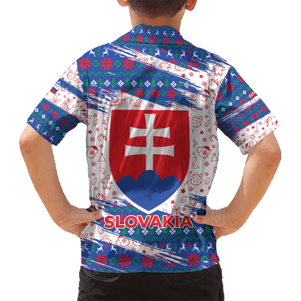 Slovakia Christmas Kid Hawaiian Shirt with Bear Holding Tree Gingerbread Cookies and Red Blue Snowflake Pattern Design - Wonder Print Shop