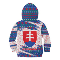 Slovakia Christmas Kid Hoodie with Bear Holding Tree Gingerbread Cookies and Red Blue Snowflake Pattern Design - Wonder Print Shop