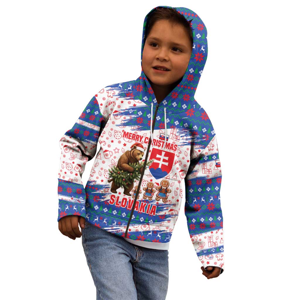 Slovakia Christmas Kid Hoodie with Bear Holding Tree Gingerbread Cookies and Red Blue Snowflake Pattern Design - Wonder Print Shop
