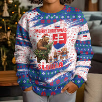 Slovakia Christmas Kid Ugly Christmas Sweater with Bear Holding Tree Gingerbread Cookies and Red Blue Snowflake Pattern Design - Wonder Print Shop