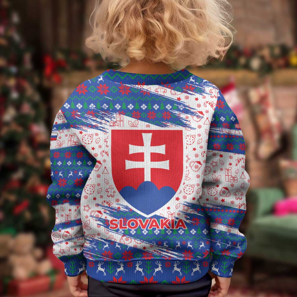 Slovakia Christmas Kid Ugly Christmas Sweater with Bear Holding Tree Gingerbread Cookies and Red Blue Snowflake Pattern Design - Wonder Print Shop