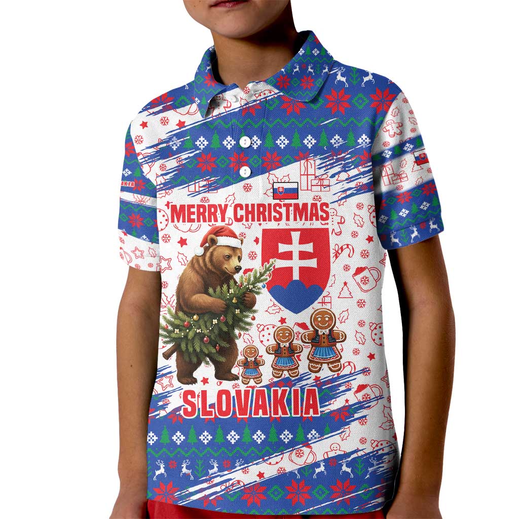 Slovakia Christmas Kid Polo Shirt with Bear Holding Tree Gingerbread Cookies and Red Blue Snowflake Pattern Design - Wonder Print Shop
