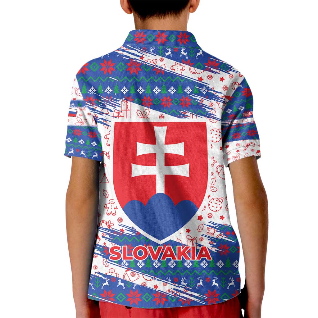 Slovakia Christmas Kid Polo Shirt with Bear Holding Tree Gingerbread Cookies and Red Blue Snowflake Pattern Design - Wonder Print Shop