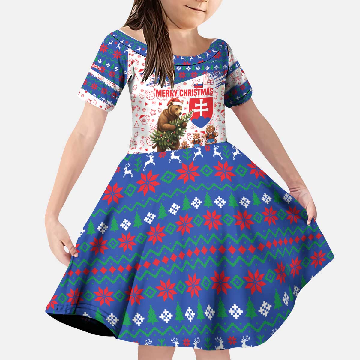 Slovakia Christmas Kid Short Sleeve Dress with Bear Holding Tree Gingerbread Cookies and Red Blue Snowflake Pattern Design - Wonder Print Shop