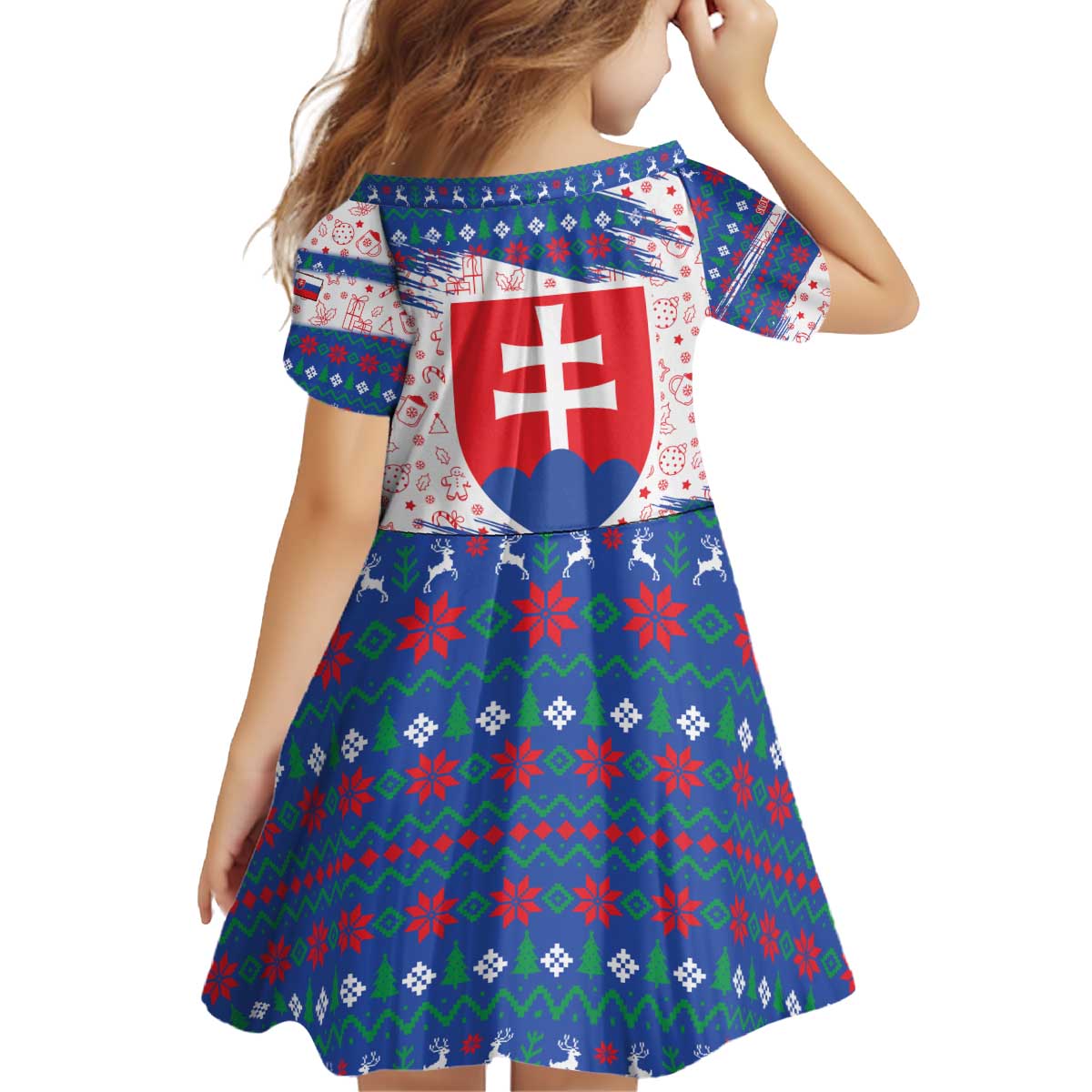 Slovakia Christmas Kid Short Sleeve Dress with Bear Holding Tree Gingerbread Cookies and Red Blue Snowflake Pattern Design - Wonder Print Shop