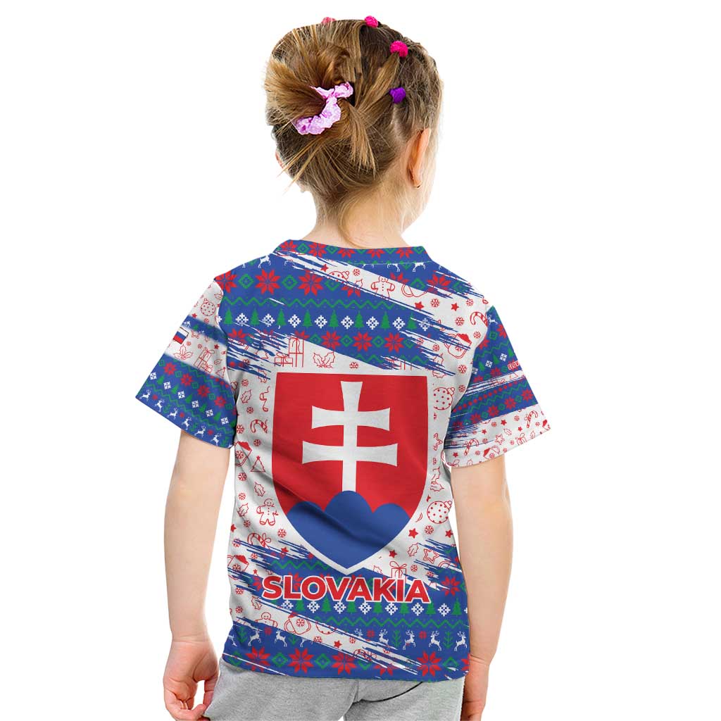 Slovakia Christmas Kid T Shirt with Bear Holding Tree Gingerbread Cookies and Red Blue Snowflake Pattern Design - Wonder Print Shop