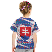 Slovakia Christmas Kid T Shirt with Bear Holding Tree Gingerbread Cookies and Red Blue Snowflake Pattern Design - Wonder Print Shop