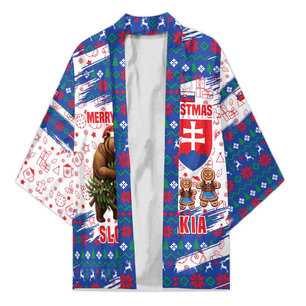 Slovakia Christmas Kimono with Bear Holding Tree Gingerbread Cookies and Red Blue Snowflake Pattern Design - Wonder Print Shop