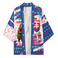 Slovakia Christmas Kimono with Bear Holding Tree Gingerbread Cookies and Red Blue Snowflake Pattern Design - Wonder Print Shop